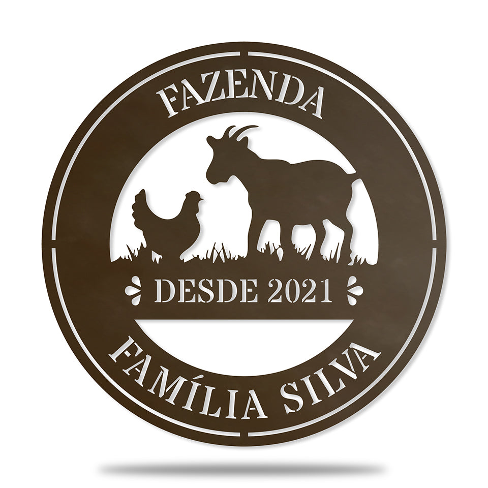 Placa Redonda Fazenda - Galinha e Cabra