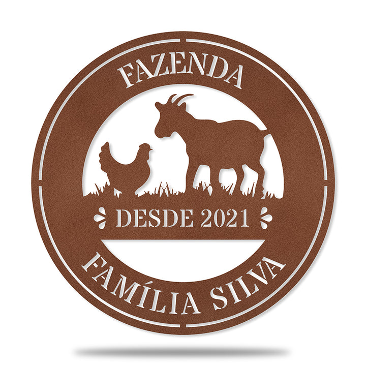 Placa Redonda Fazenda - Galinha e Cabra