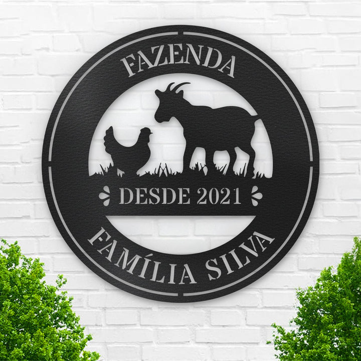 Placa Redonda Fazenda - Galinha e Cabra