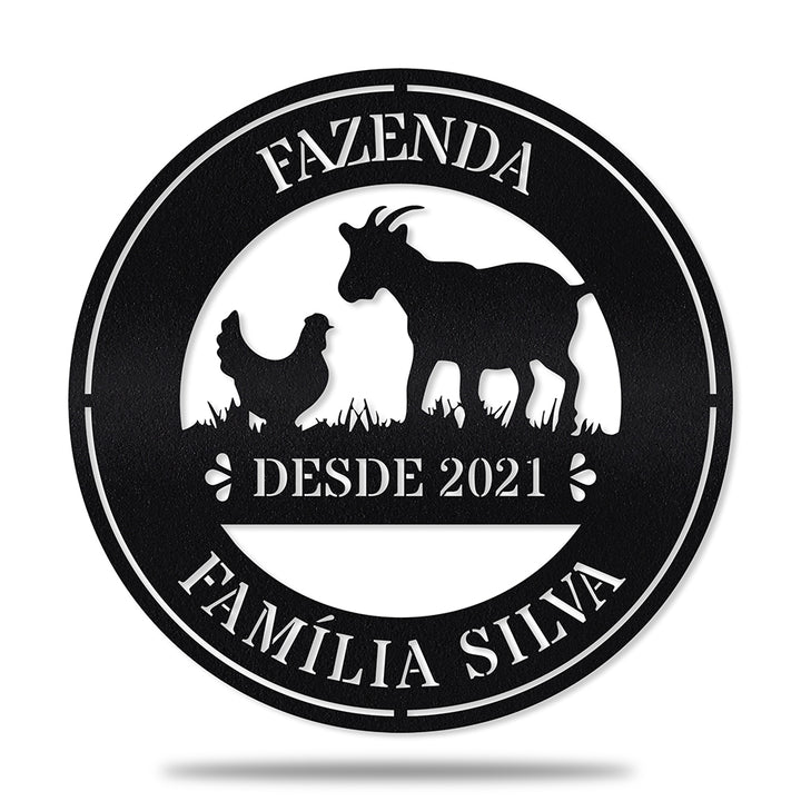 Placa Redonda Fazenda - Galinha e Cabra