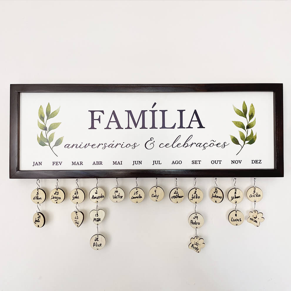 Calendário da Vida™ - Aniversários & Celebrações em madeira — detalhe do acabamento artesanal