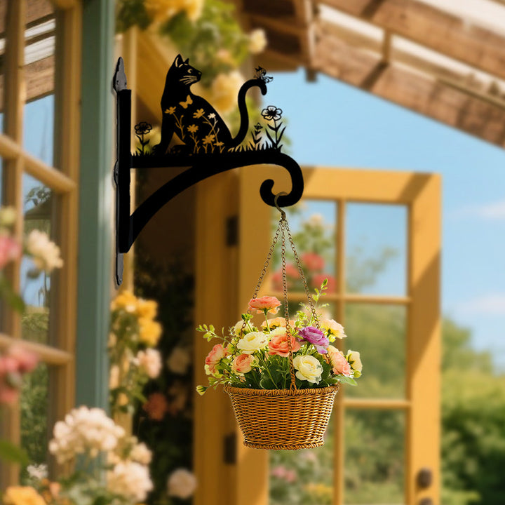 Gato e Flores - Suporte de Planta em Metal