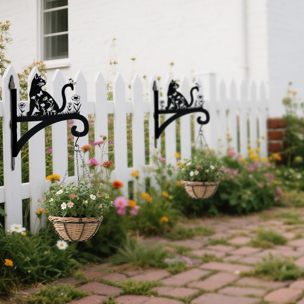 Gato e Flores - Suporte de Planta em Metal