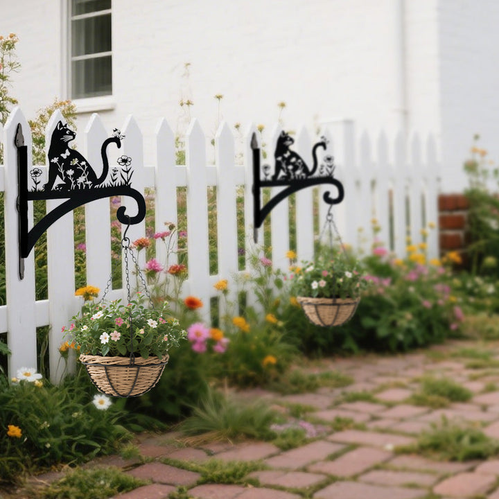 Gato e Flores - Suporte de Planta em Metal