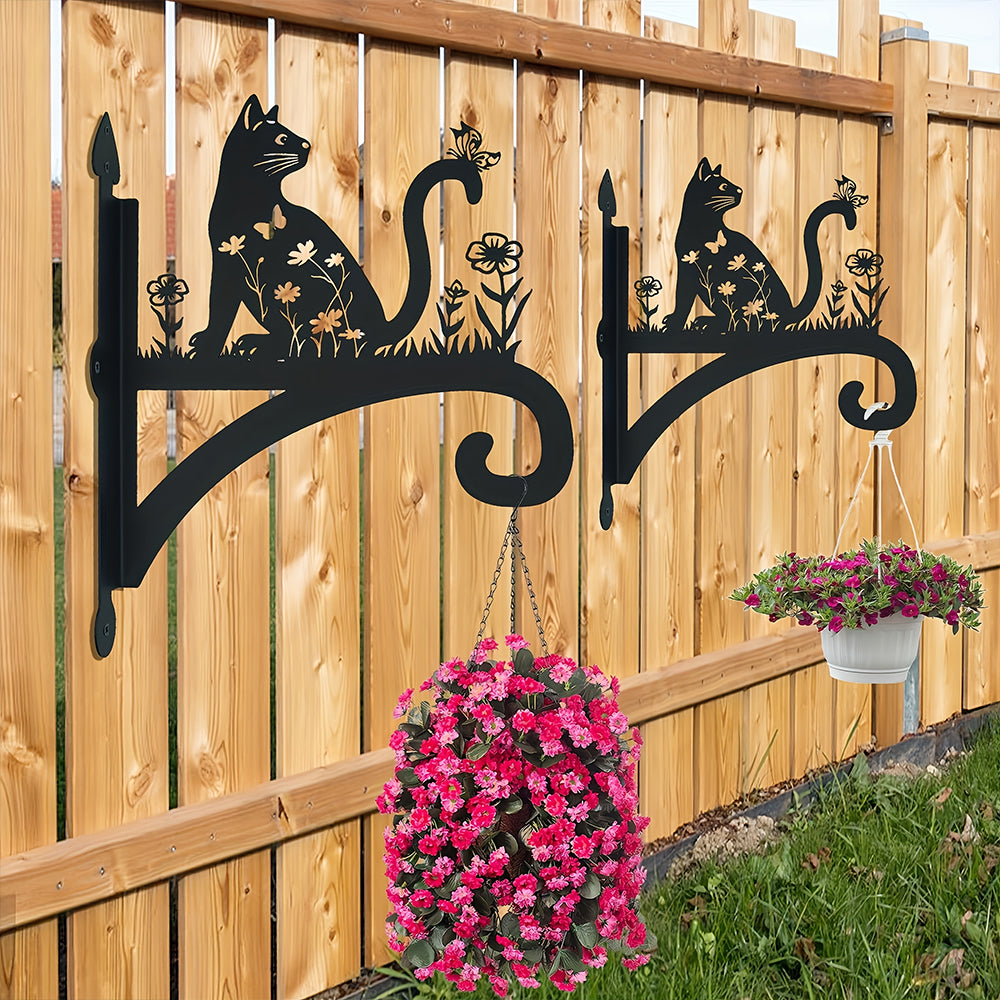 Gato e Flores - Suporte de Planta em Metal