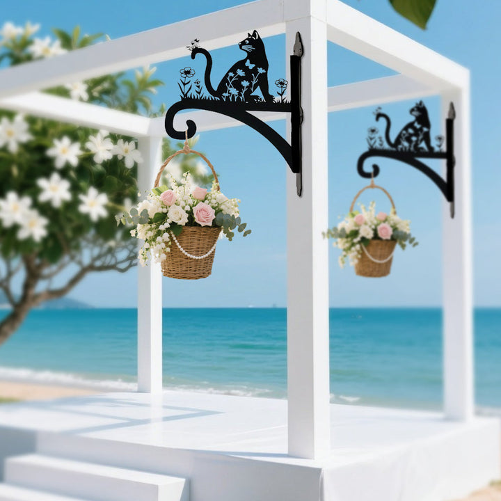 Gato e Flores - Suporte de Planta em Metal