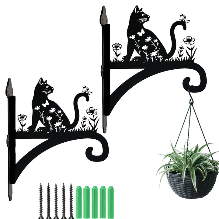 Gato e Flores - Suporte de Planta em Metal