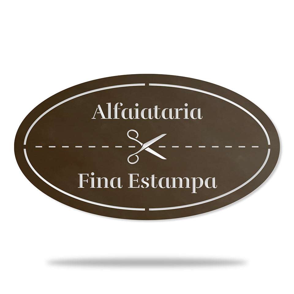 Placa Alfaiataria em metal — exemplo de personalização aplicada