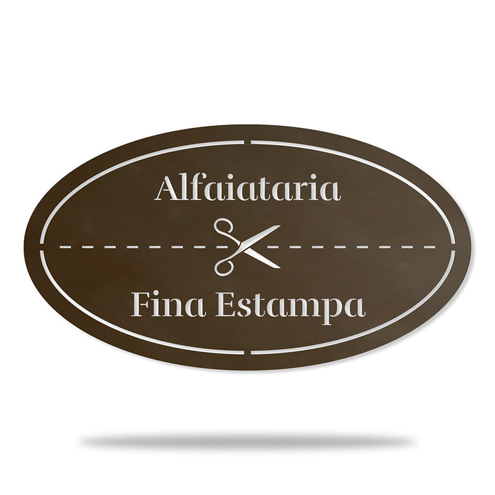 Placa Alfaiataria em metal — exemplo de personalização aplicada