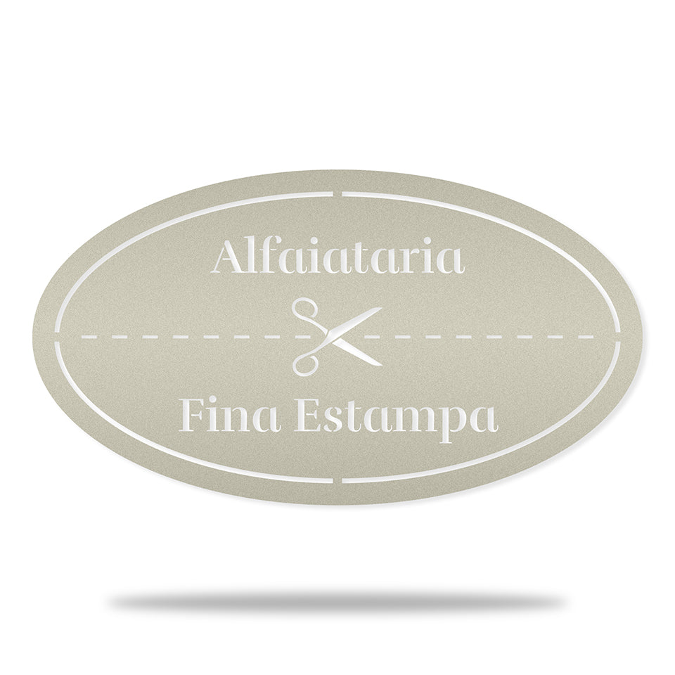 Placa Alfaiataria em metal — apresentação do produto finalizado
