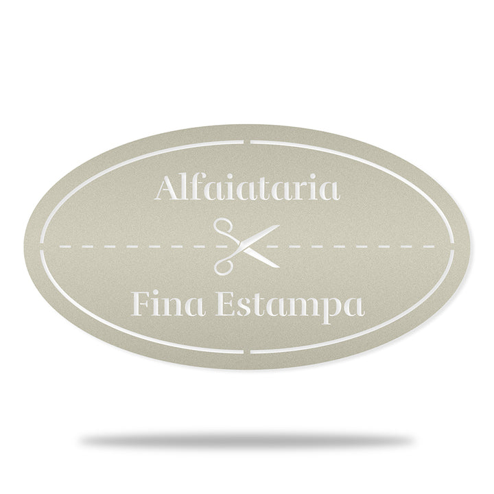 Placa Alfaiataria em metal — apresentação do produto finalizado