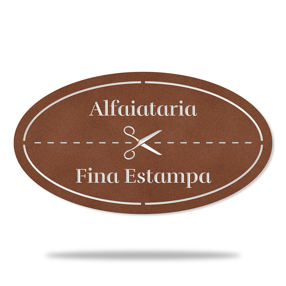 Placa Alfaiataria em metal — detalhe das bordas e contornos