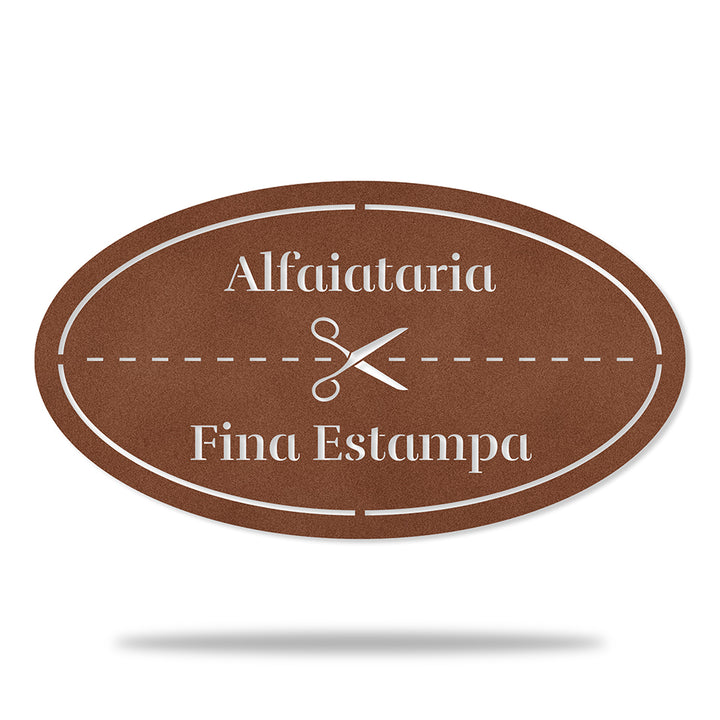 Placa Alfaiataria em metal — detalhe das bordas e contornos