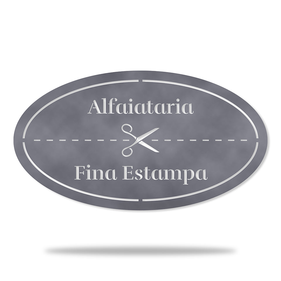 Placa Alfaiataria em metal — arte decorativa em primeiro plano