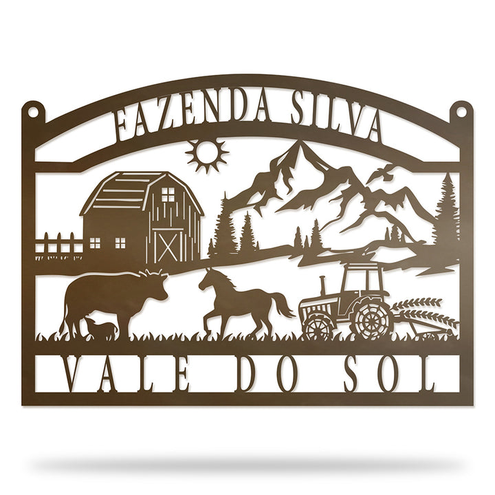 Placa Cenário Rural em metal — arte decorativa em primeiro plano