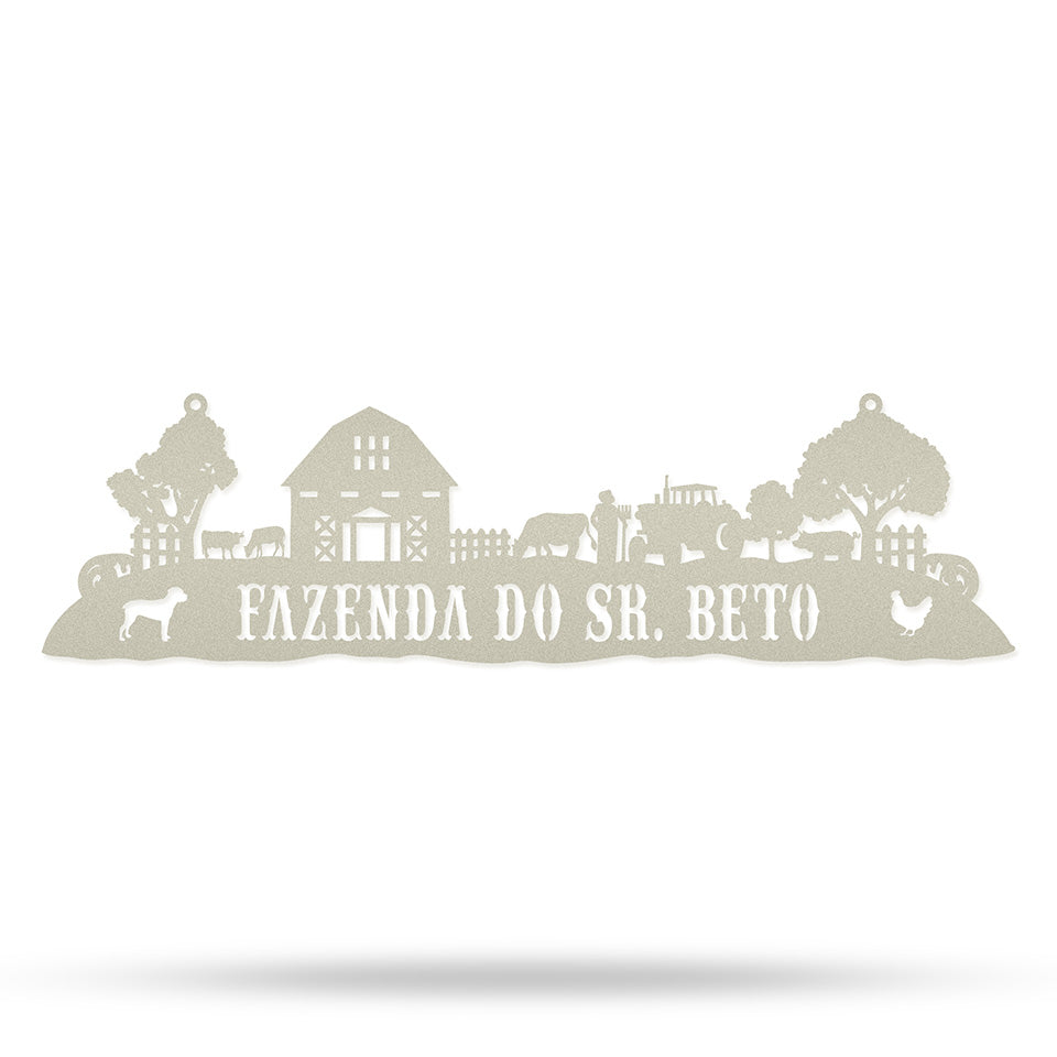 Placa Vida Rural em metal — detalhe do design artístico