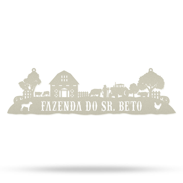 Placa Vida Rural em metal — detalhe do design artístico