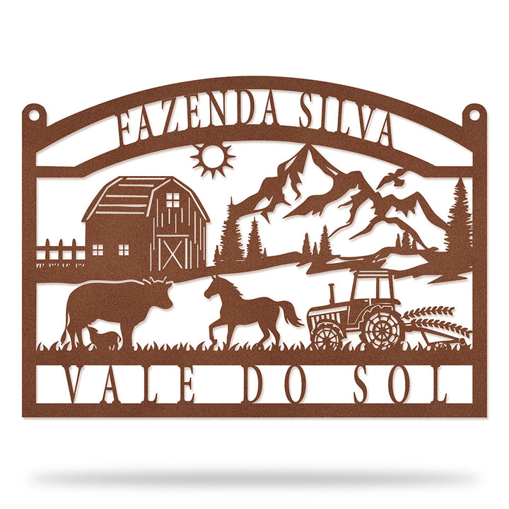 Placa Cenário Rural em metal — apresentação do produto finalizado