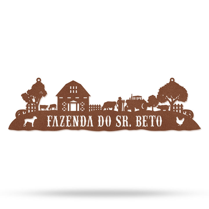 Placa Vida Rural em metal — imagem ampliada do acabamento