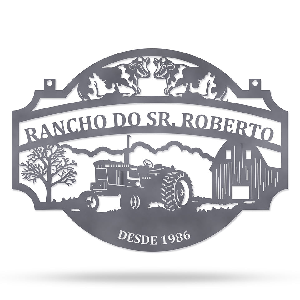 Placa Rancho com Trator em metal — detalhe do design artístico