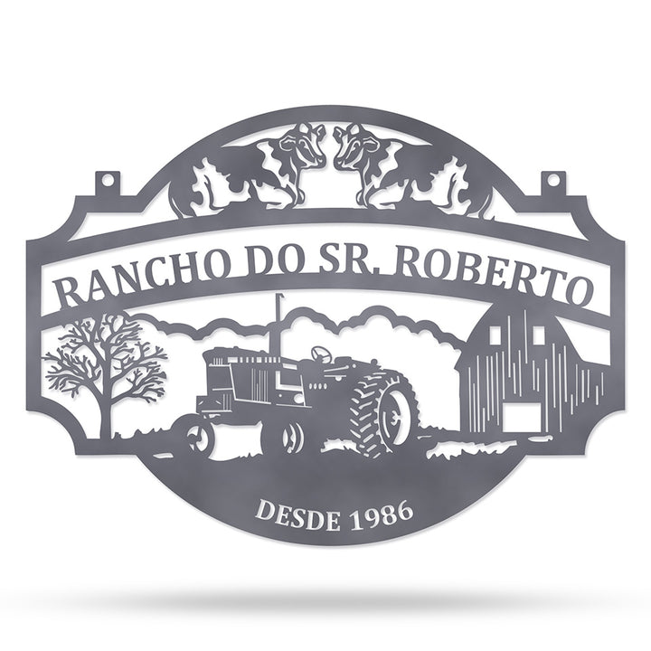 Placa Rancho com Trator em metal — detalhe do design artístico