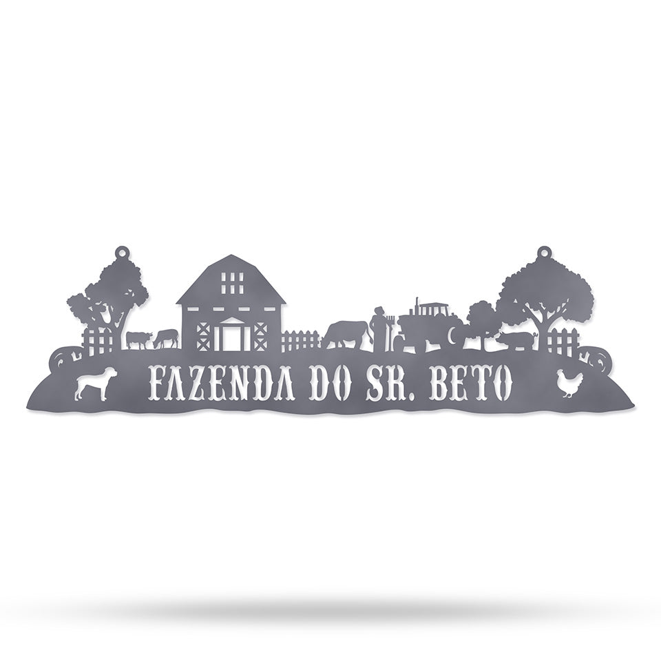 Placa Vida Rural em metal — perspectiva complementar da peça