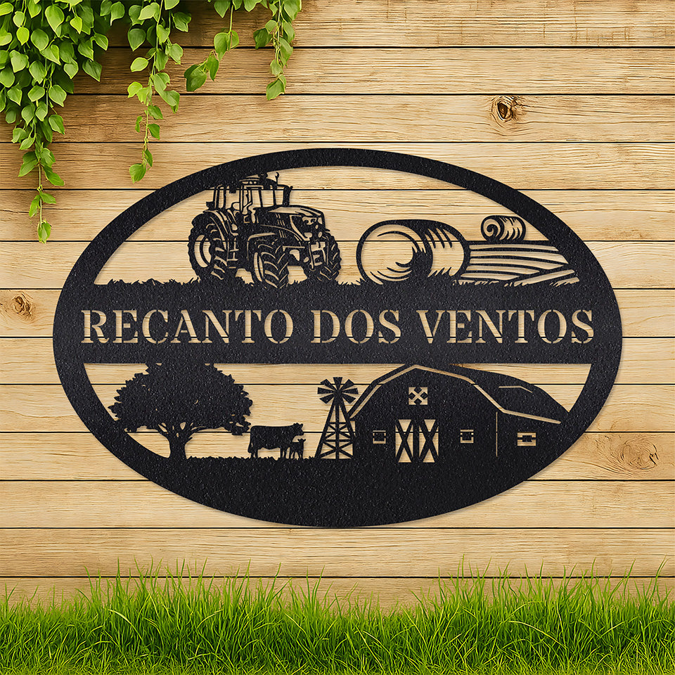 Placa Recanto dos Ventos em metal — detalhe do acabamento artesanal