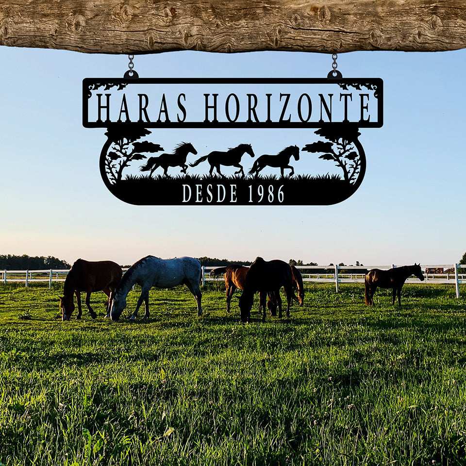 Placa Haras Horizonte em metal — detalhe do acabamento artesanal