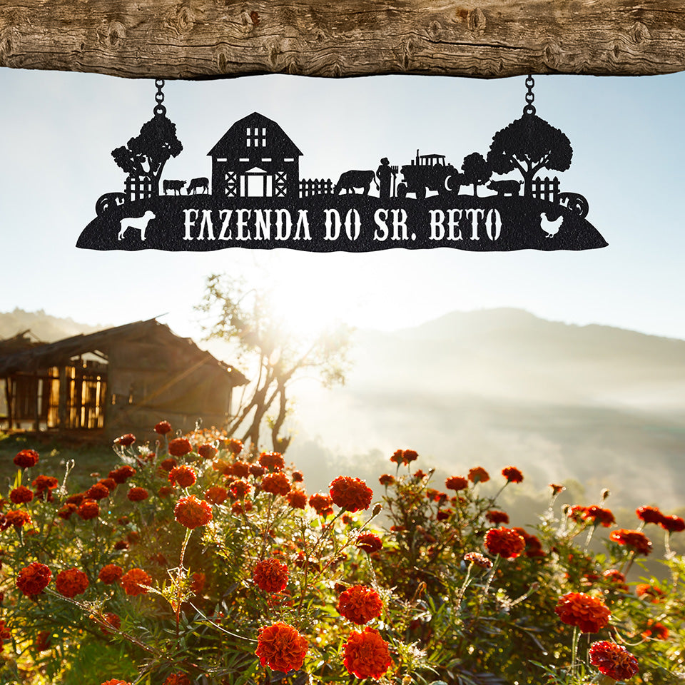 Placa Vida Rural em metal — detalhe do acabamento artesanal