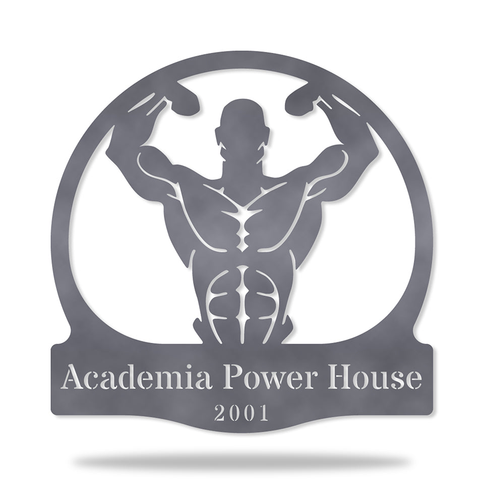Placa Academia I em metal — arte decorativa em primeiro plano