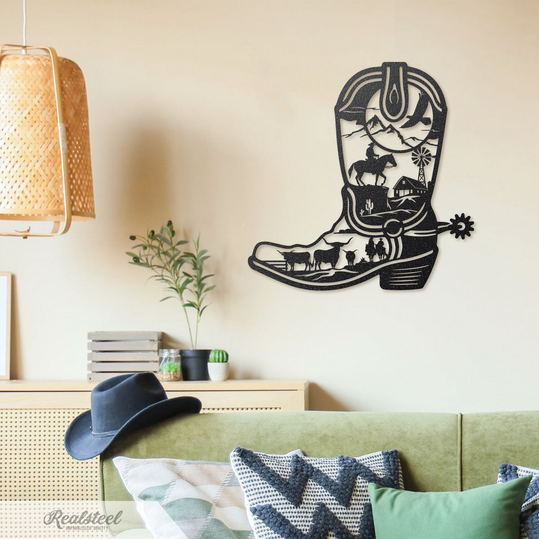 Placa Bota do Cowboy em metal — detalhe do acabamento artesanal