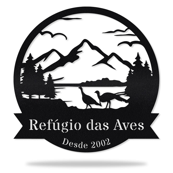 Placa Refúgio das Aves em metal, personalizada sob medida