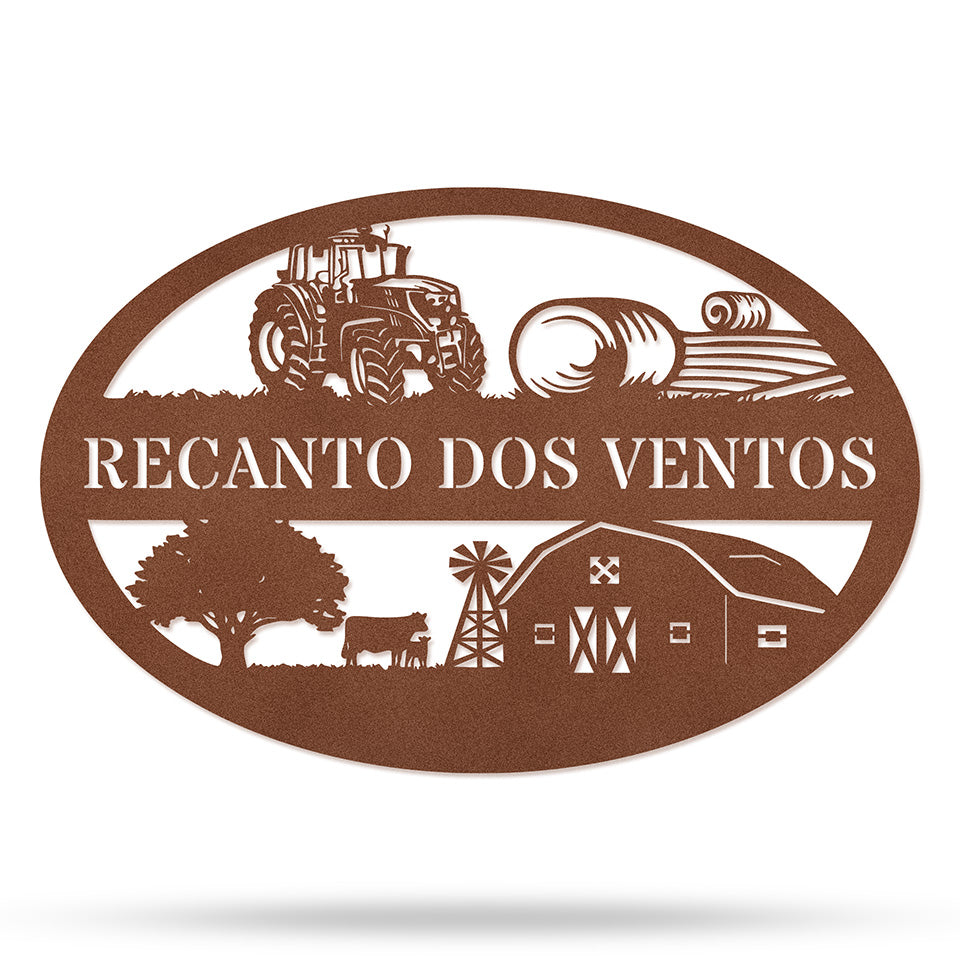 Placa Recanto dos Ventos em metal — detalhe do design artístico