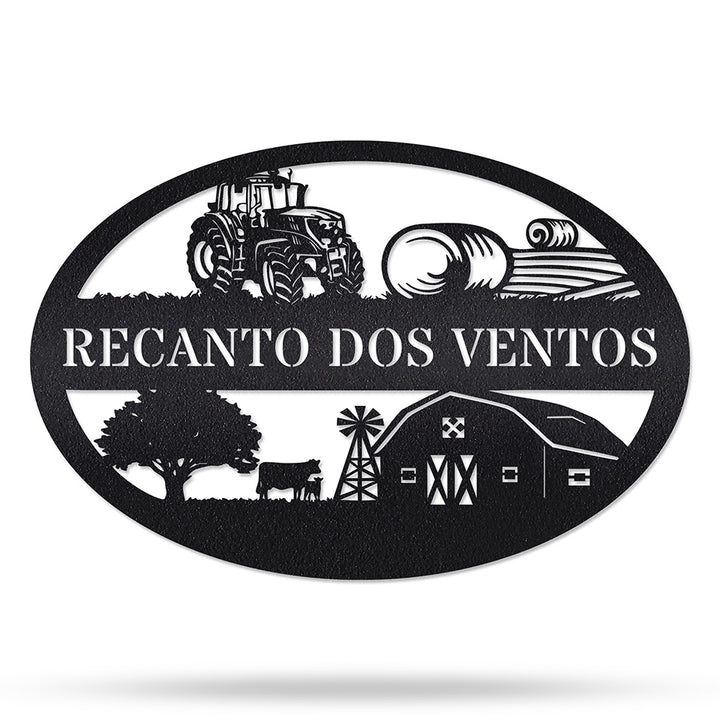 Placa Recanto dos Ventos em metal — apresentação do produto finalizado