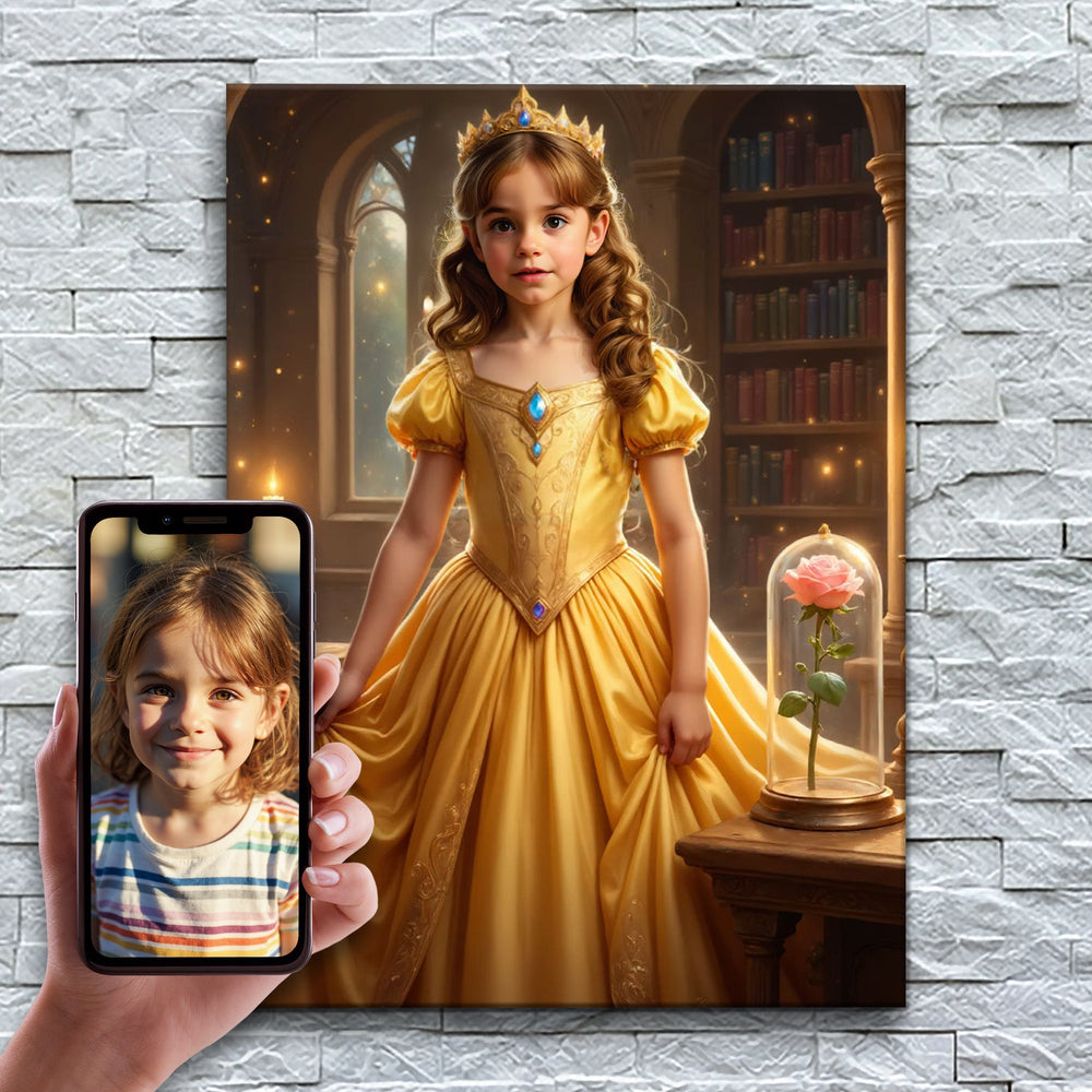 A Bela e a Rosa Encantada – antes e depois: a foto enviada e o quadro pronto