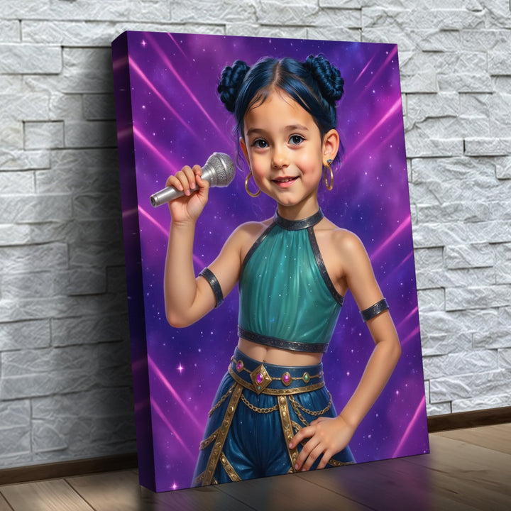 A Estrela do K-Pop – quadro canvas personalizado com o rosto da criança, na parede