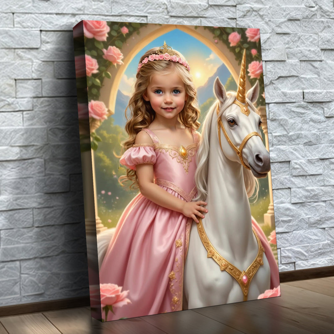 A Pequena Princesa do Unicórnio – quadro canvas personalizado com o rosto da criança, na parede