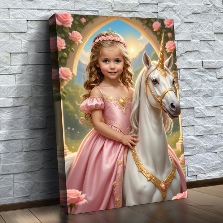 A Pequena Princesa do Unicórnio – quadro canvas personalizado com o rosto da criança, na parede