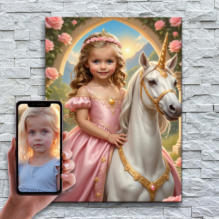 A Pequena Princesa do Unicórnio – antes e depois: a foto enviada e o quadro pronto