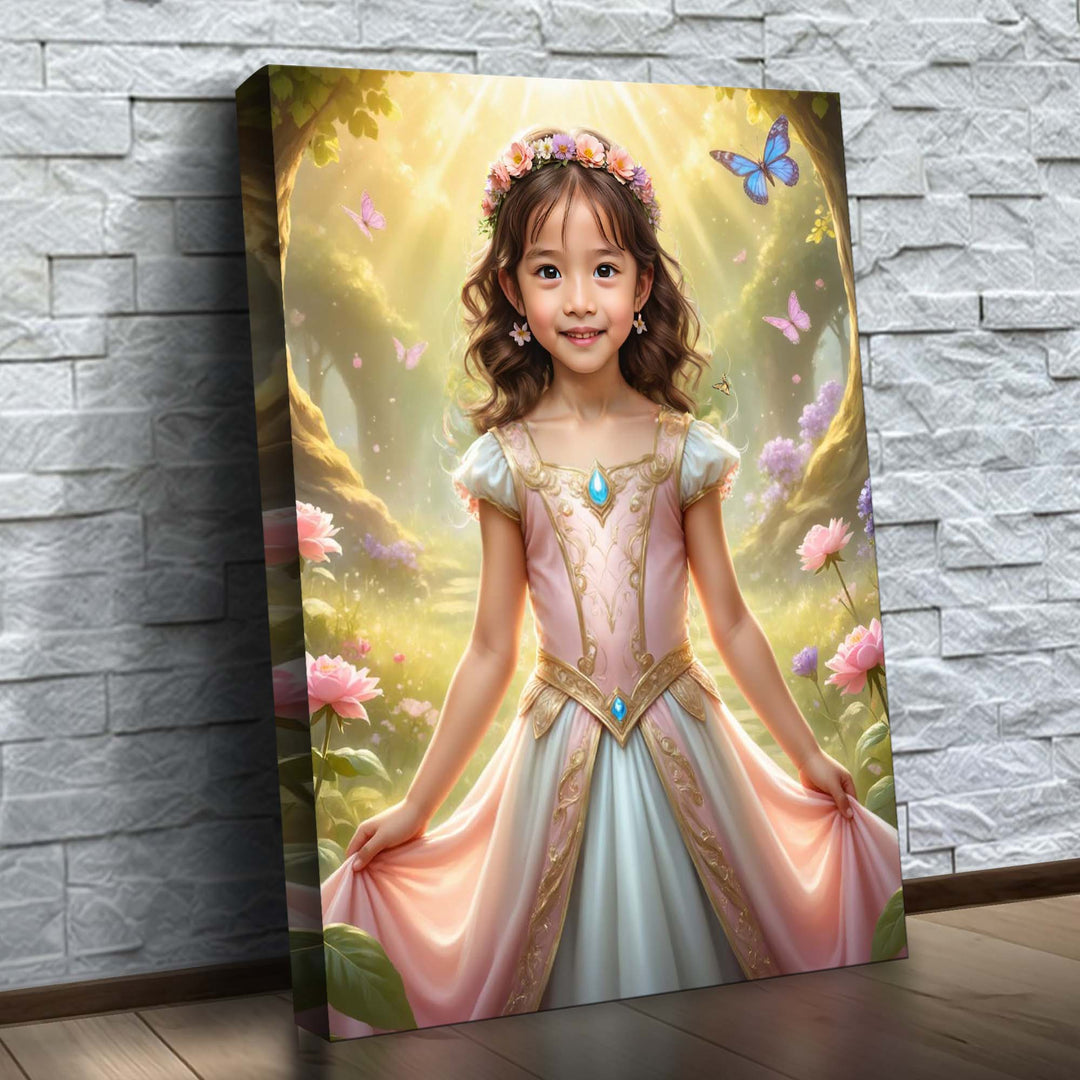 A Princesa da Primavera – quadro canvas personalizado com o rosto da criança, na parede