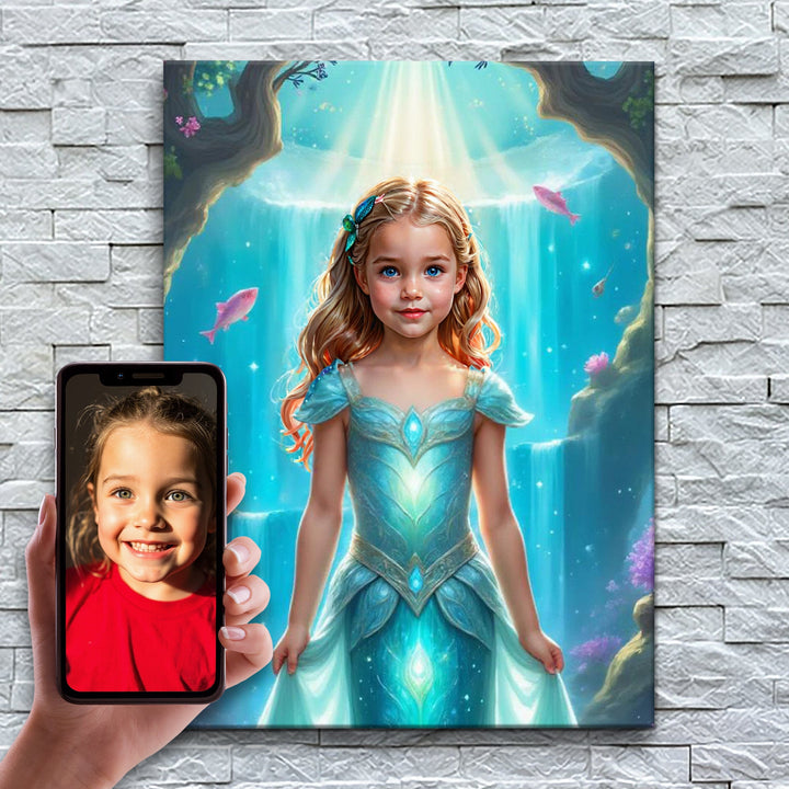A Princesa do Reino de Coral – antes e depois: a foto enviada e o quadro pronto
