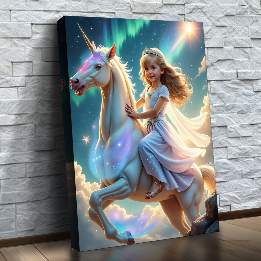 A Princesa do Unicórnio da Aurora – quadro canvas personalizado com o rosto da criança, na parede