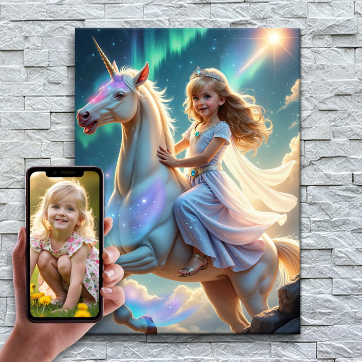 A Princesa do Unicórnio da Aurora – antes e depois: a foto enviada e o quadro pronto