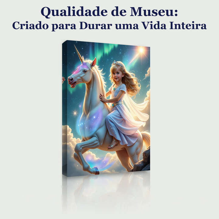 A Princesa do Unicórnio da Aurora – quadro canvas personalizado, qualidade de museu, criado para durar uma vida inteira
