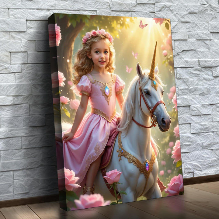 A Princesa do Unicórnio das Borboletas – quadro canvas personalizado com o rosto da criança, na parede