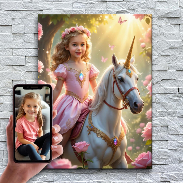 A Princesa do Unicórnio das Borboletas – antes e depois: a foto enviada e o quadro pronto