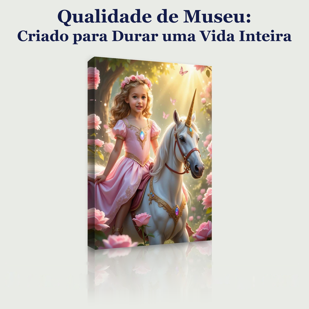A Princesa do Unicórnio das Borboletas – quadro canvas personalizado, qualidade de museu, criado para durar uma vida inteira