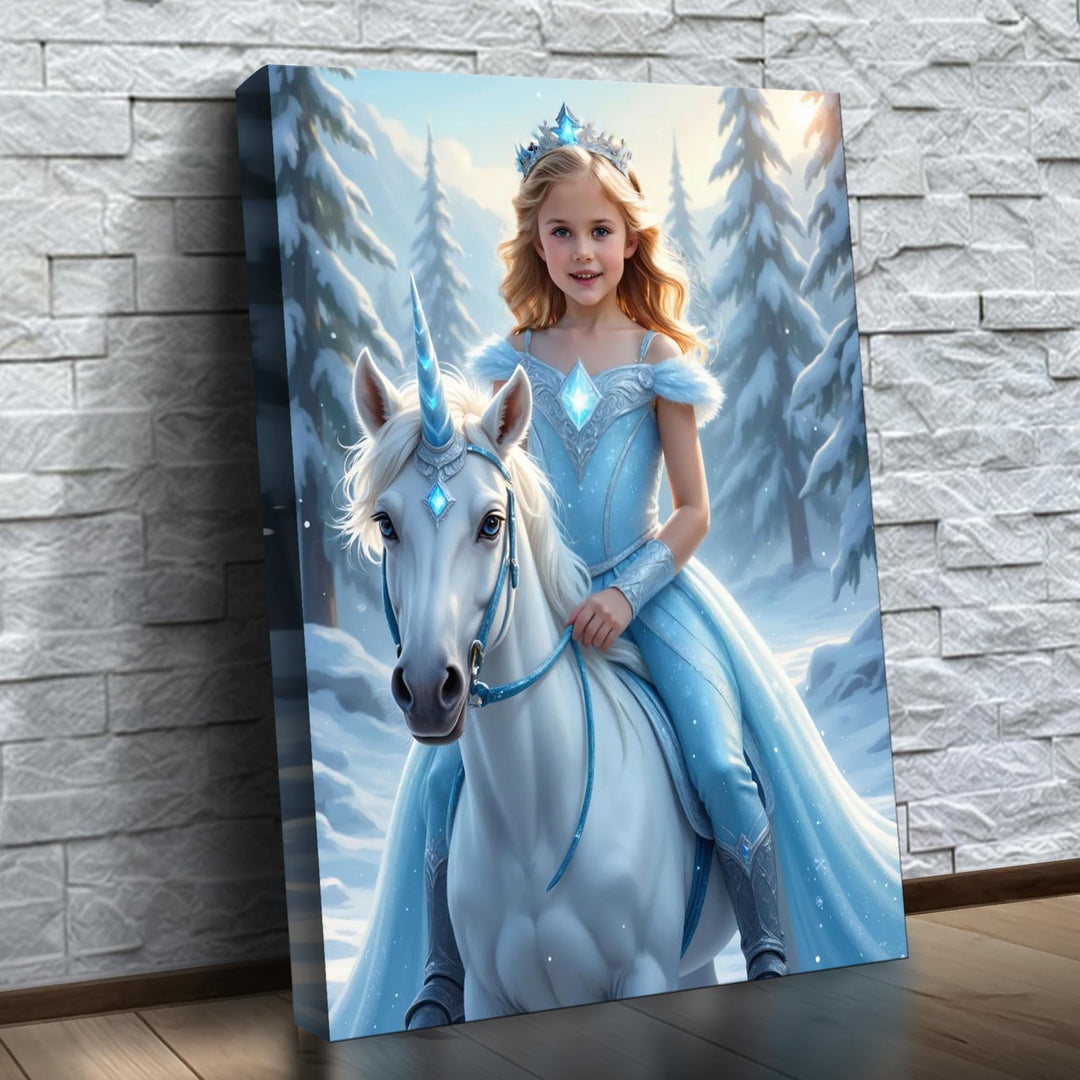 A Princesa do Unicórnio de Gelo – quadro canvas personalizado com o rosto da criança, na parede