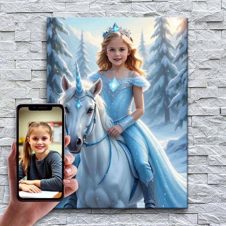 A Princesa do Unicórnio de Gelo – antes e depois: a foto enviada e o quadro pronto