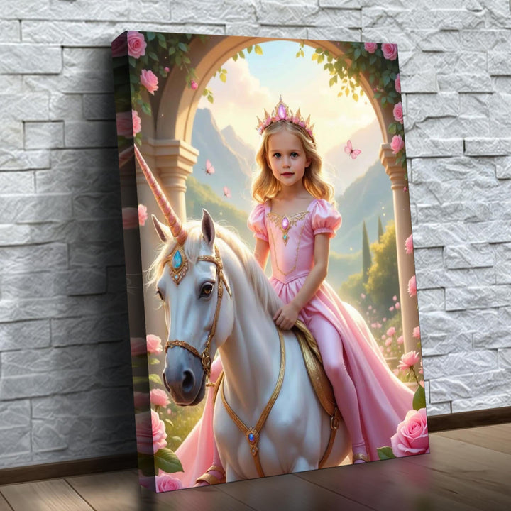 A Princesa do Unicórnio de Rosas – quadro canvas personalizado com o rosto da criança, na parede